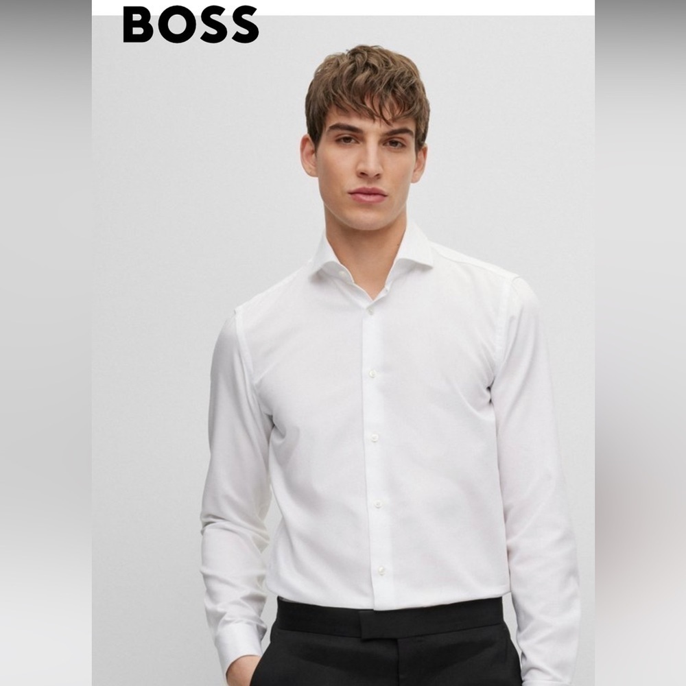 Men’s Hugo Boss Crispy White Dress Shirt Size 38 15 Slim Fit Organic Cotton Nwot